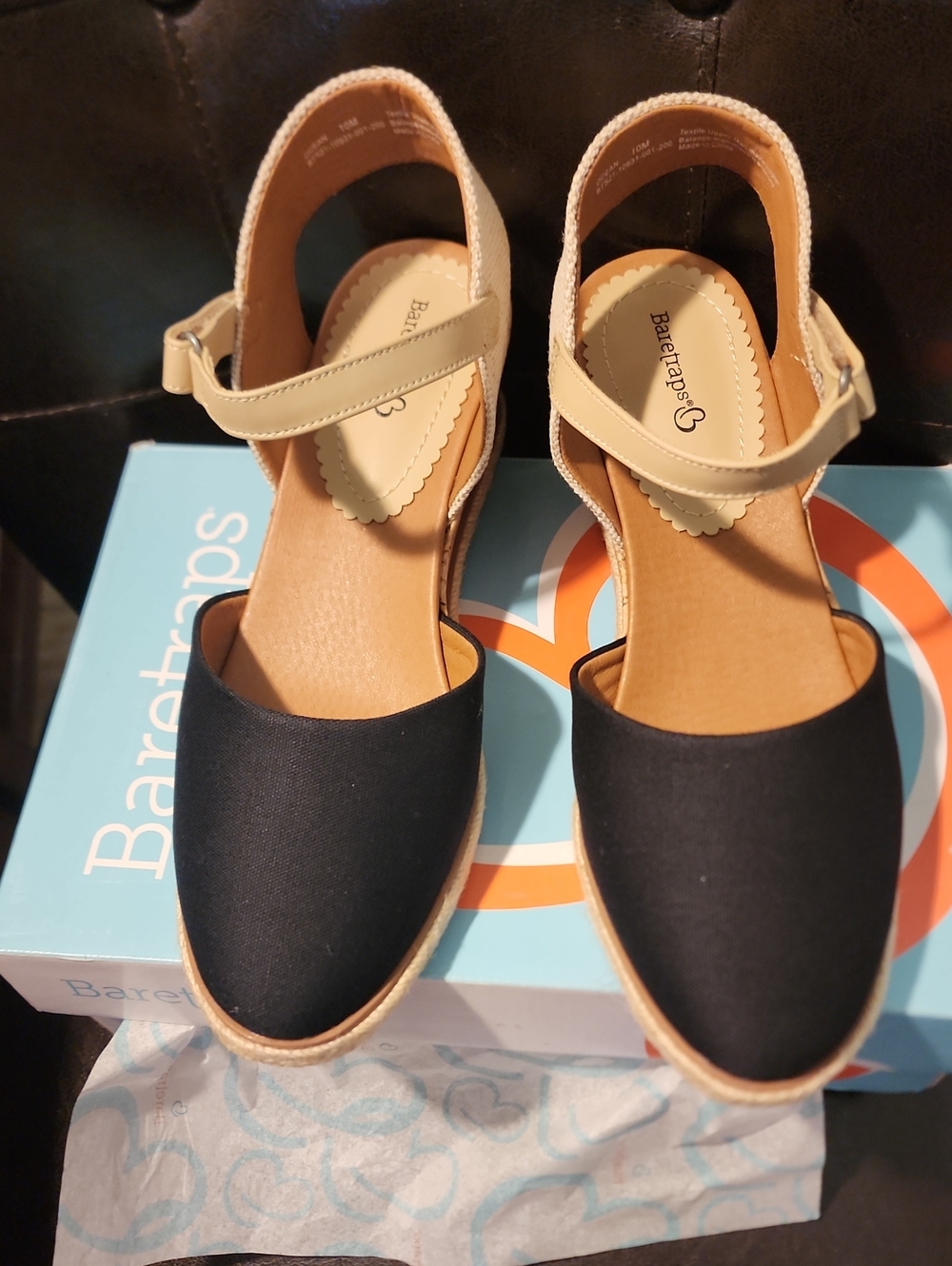 BareTraps Black and Beige Espadrille Slingback Mules